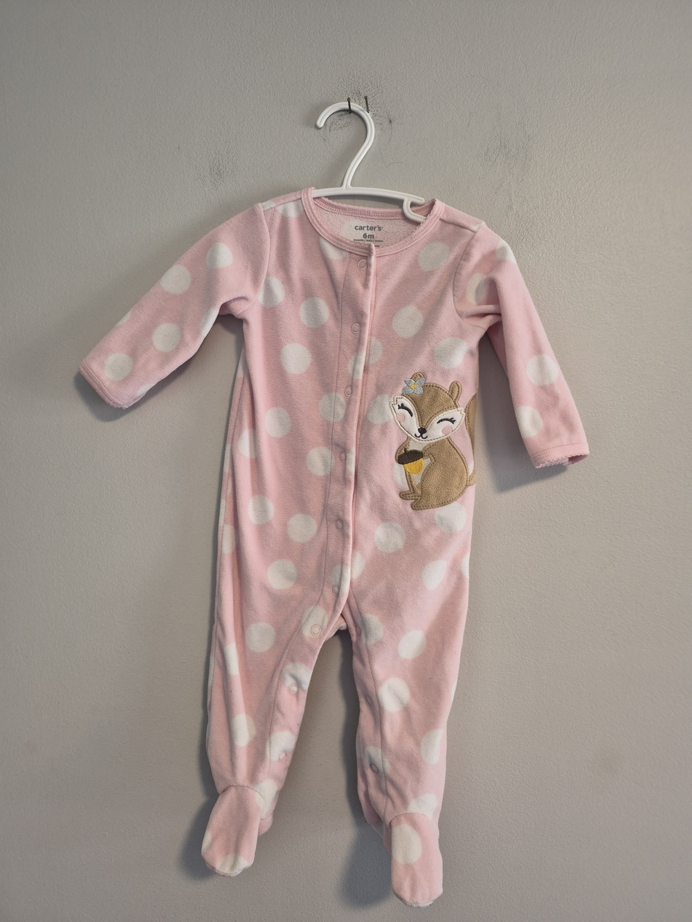 Carter's 6m Pink Polka Dot Squirrel Fleece Button Up Sleeler